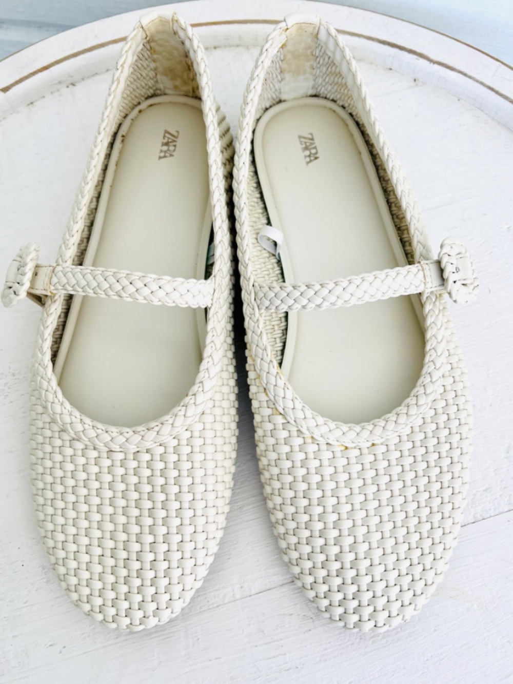ZARA Woven Braided Basketweave Vegan Leather Mary Janes in Cream - 41/ 10.5